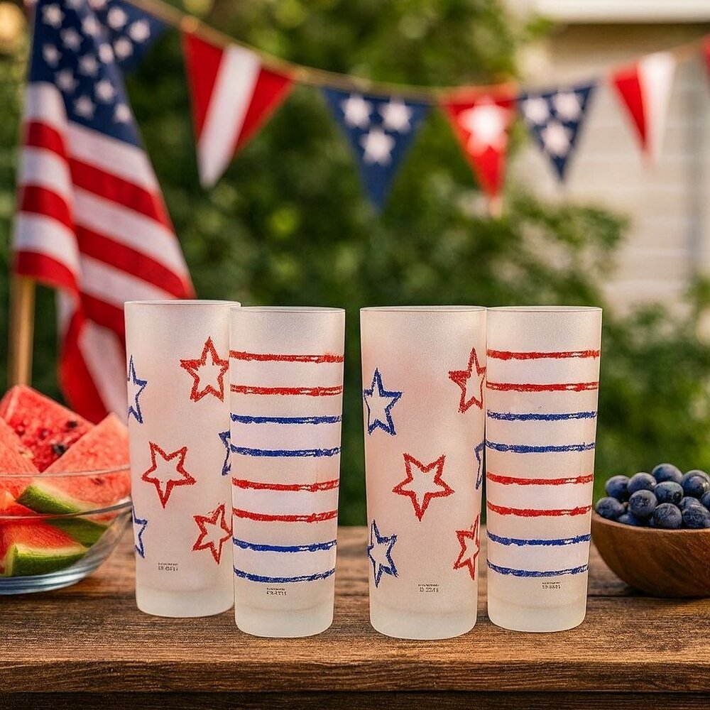 Dartington France Patriotic Tumblers Frosted Glass Set of 4 Stars Stripes July 4